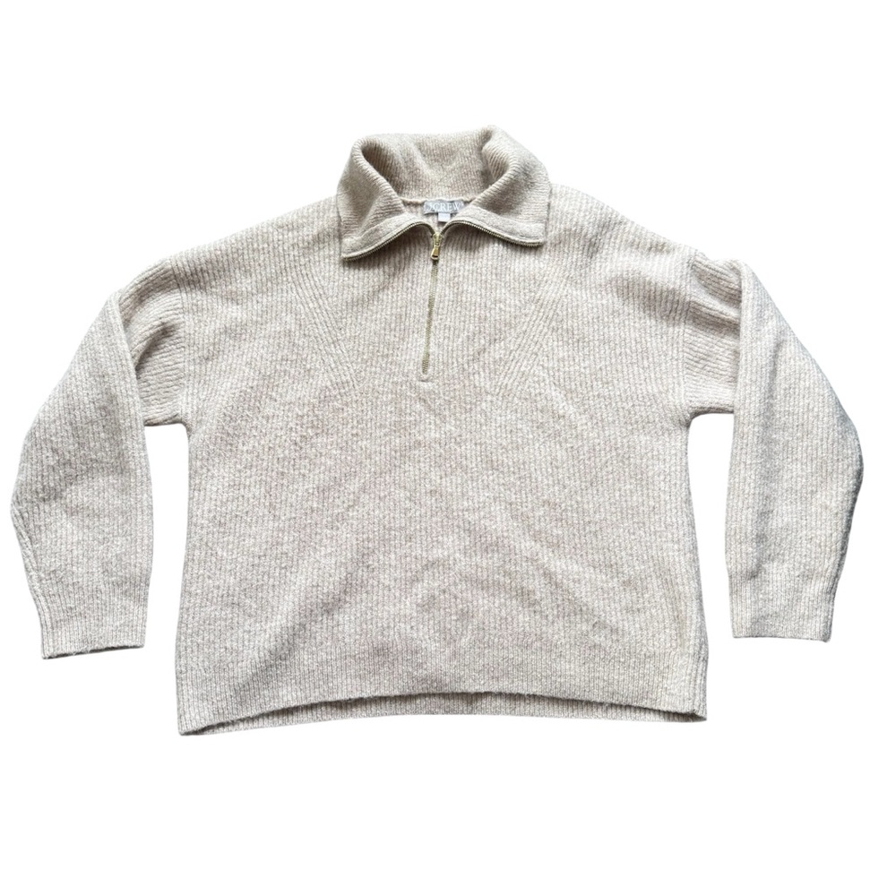 J Crew Women’s Alpaca Blend Sweater Size L Pullover 1/2 Zip Beige Ribbed Soft